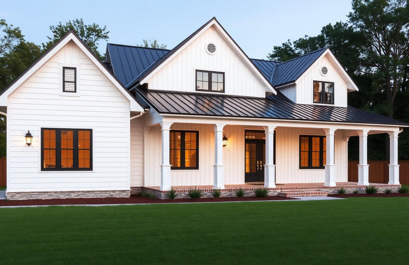 White board and batten farmhouse exterior with black metal roof at dusk