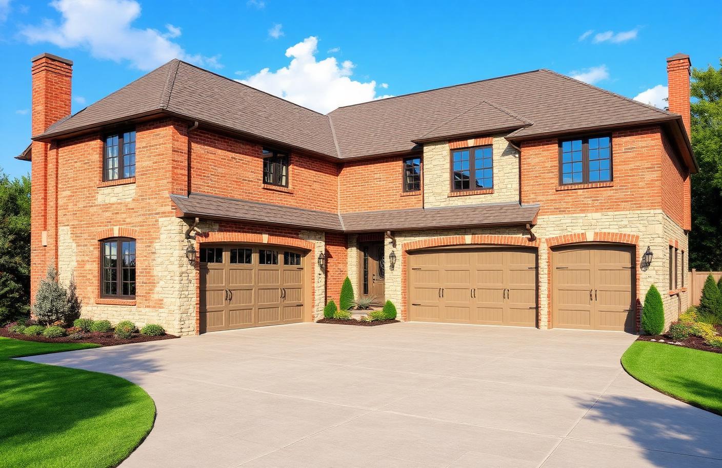 Brick and stone transitional custom home with three-car garage