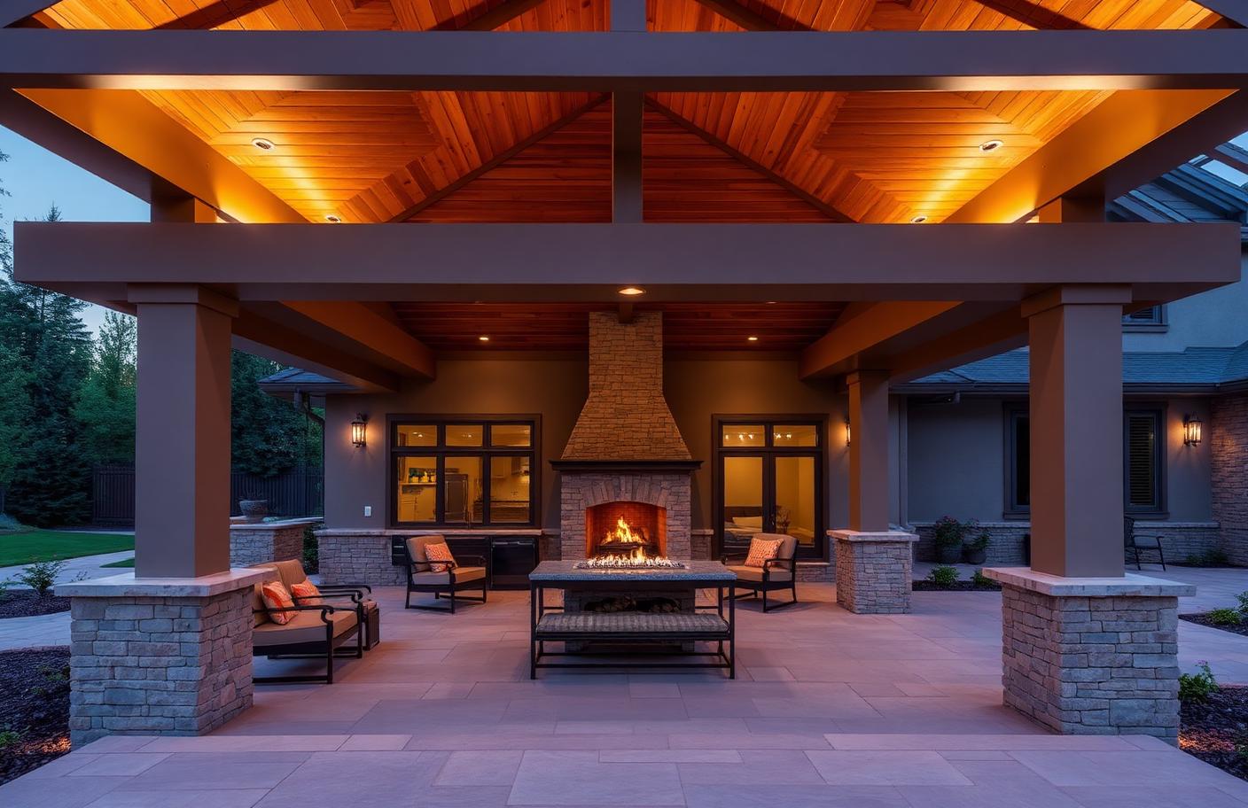 Covered back patio with outdoor fireplace and wood ceiling