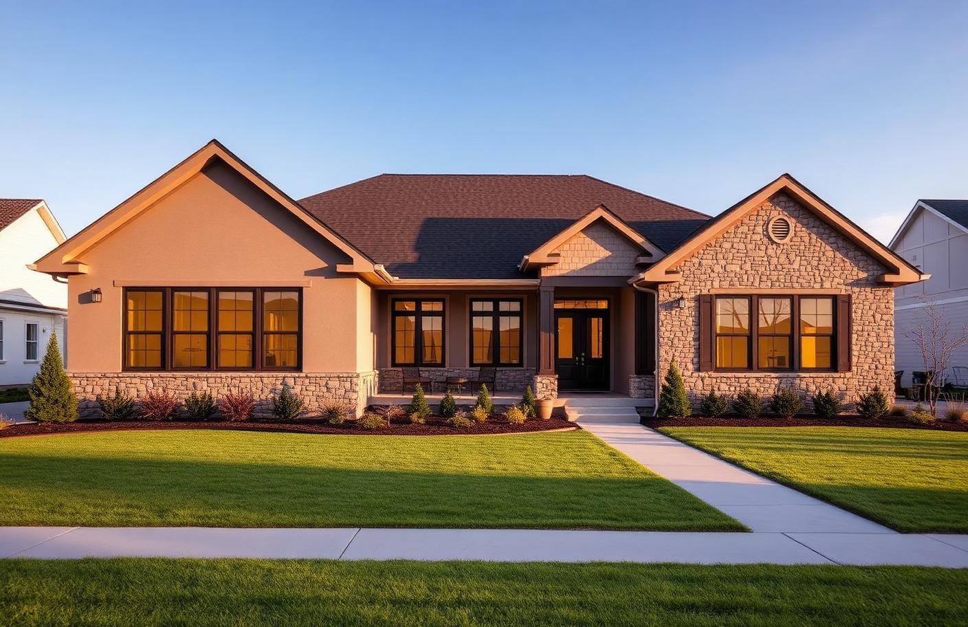 Single story ranch custom home with stone accents in morning light