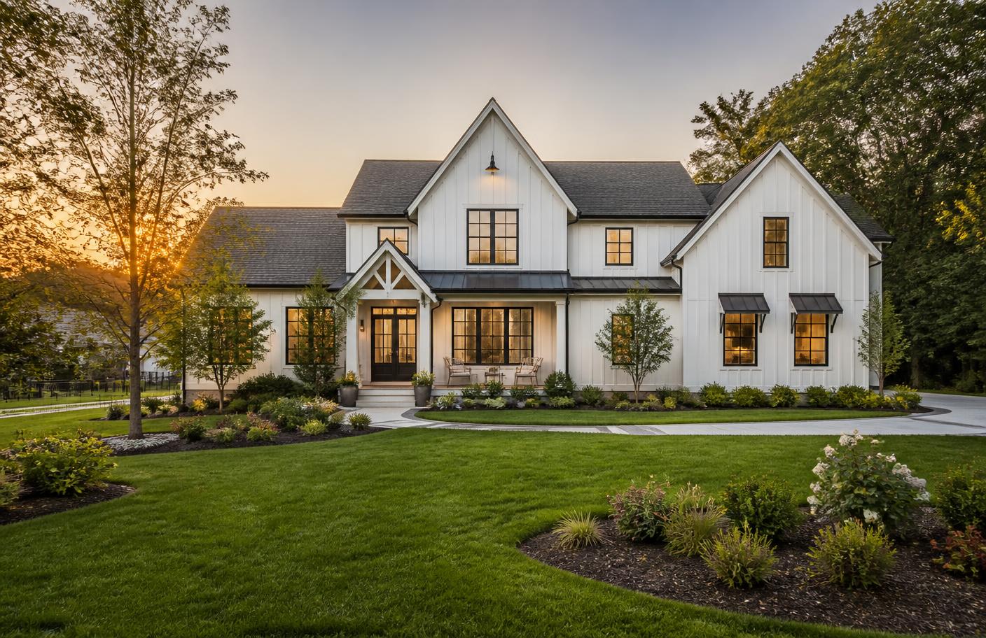 Modern farmhouse custom home exterior at golden hour with landscaped front yard