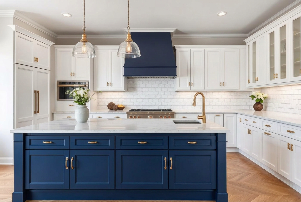 Kitchen with navy island, brass hardware, and white perimeter cabinets
