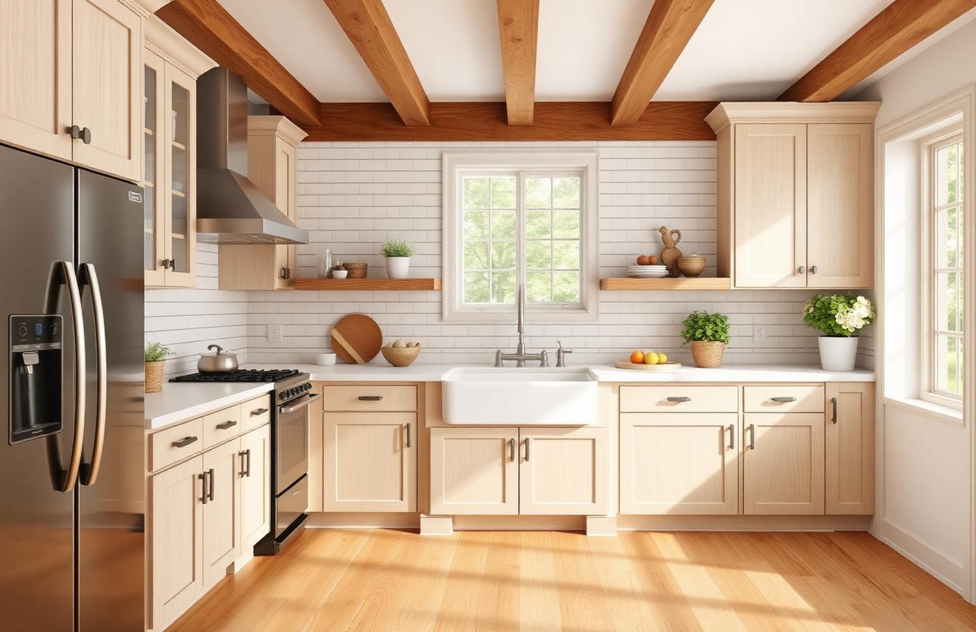 Farmhouse kitchen with apron sink and subway tile backsplash