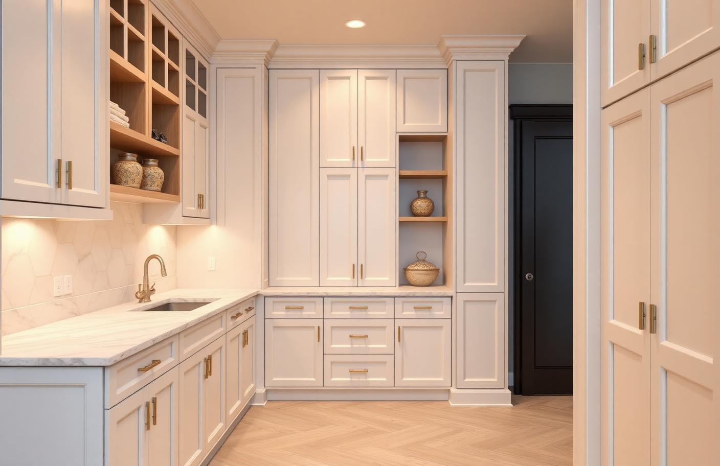 Butler pantry with floor-to-ceiling cabinetry and marble counters