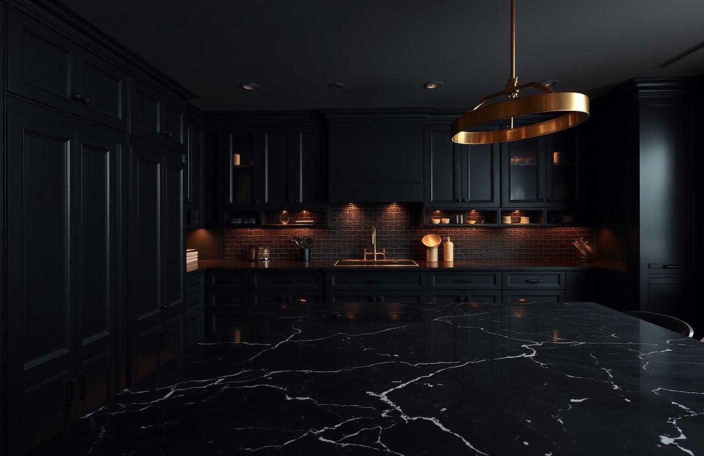 Dark and moody kitchen with espresso cabinetry, black marble island, and brass pendant lighting