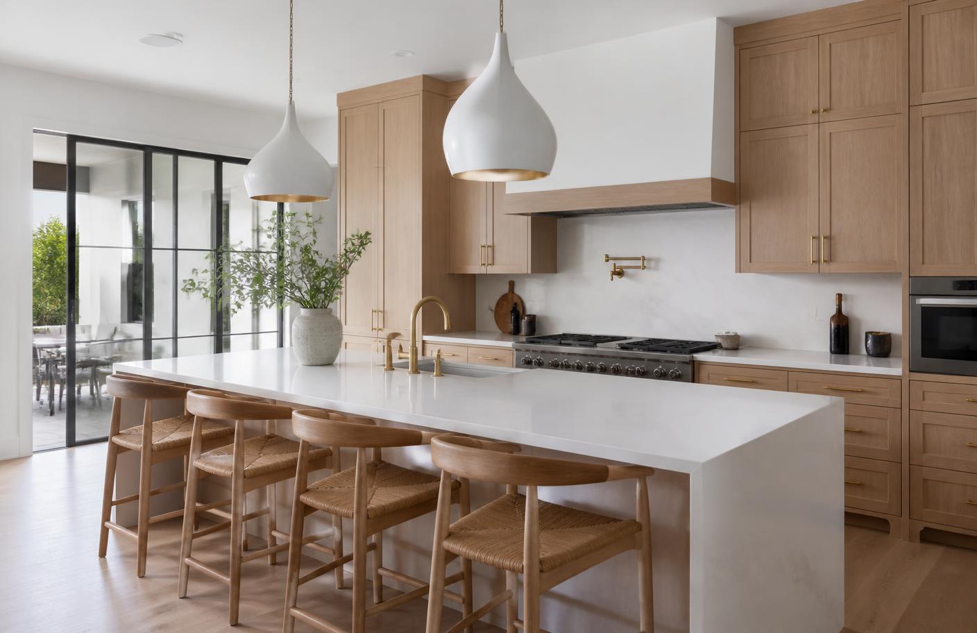 Custom kitchen with white oak cabinetry and a large quartz island