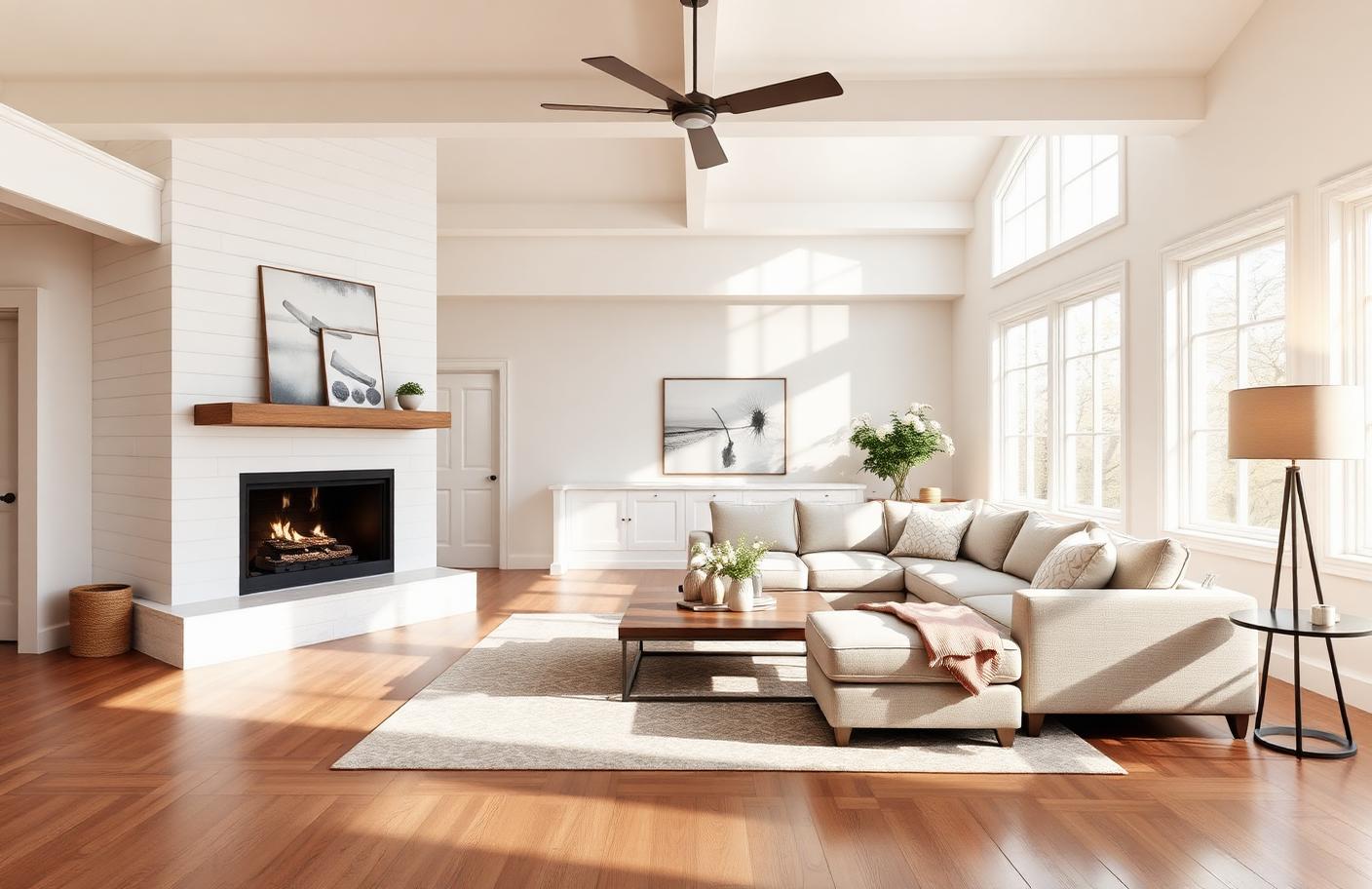 Bright living room with white shiplap fireplace and neutral sectional