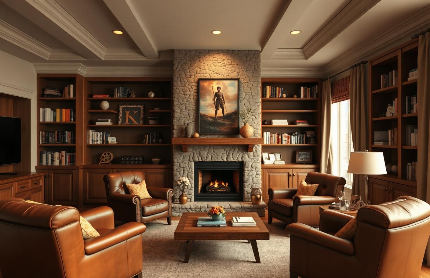Cozy family room with stone fireplace and built-in bookshelves