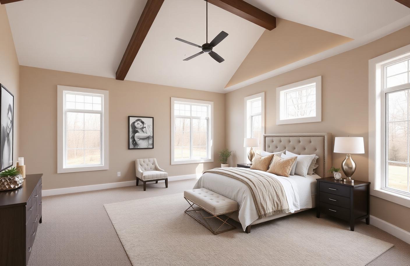 Master bedroom with vaulted ceiling and large windows