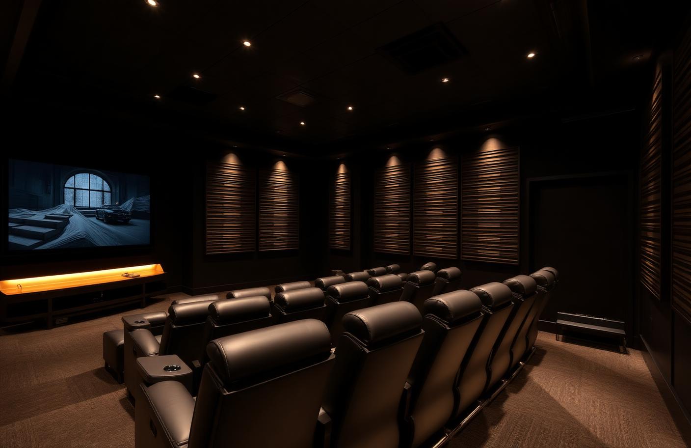 Home theater room with large screen, tiered leather seating, and wood slat acoustic paneling